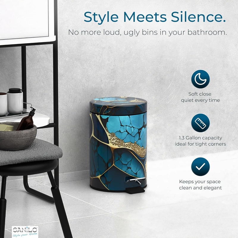 Sanilo Small Bathroom Trash Can with Lid [1.3 Gallon] - Lidded Tiny Trashcan for Garbage - Mini Metal Bin with Soft Closing Mechanism - Bath Room Accessoire Wastebin with Inner Bucket (Marble Cobalt) - Image 3